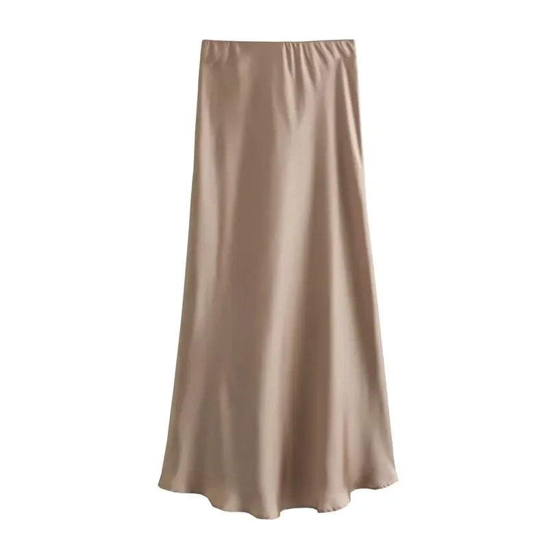 HXAO 2025 Skirts For Women Black Satin Skirt Summer Elegant Women's Midi Skirts High Waist Smooth Skirts Green Flare Skirt 088