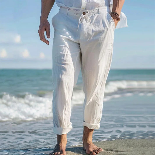 Men Linen Solid Color Drawstring Casual Pants Summer Breathable Outdoor Beach Daily Wear