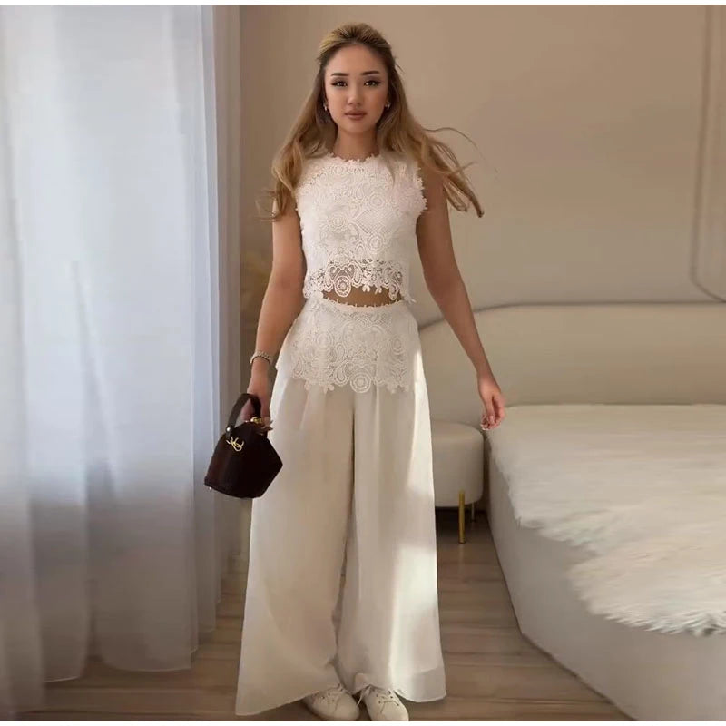 Casual Lace Tops Pants Sets Women O Neck Sleeveless High Waist Wide Legs Outfits Female 2026 Summer Beach Vacation Solid Suits