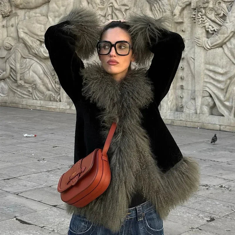 Vintage Patchwork Women's Faux Fur Trim Coat Urban Lapel Full Sleeve Female Jacket Female 2026 Autumn Winter Lady Streetwear New