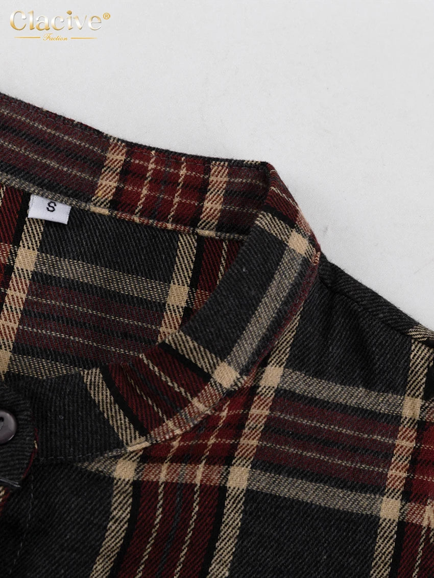 Clacive Fashion Loose Plaid 2 Piece Sets Women Outfit 2025 Elegant Long Sleeve Blouse With High Waist Pleated Mini Skirt Set