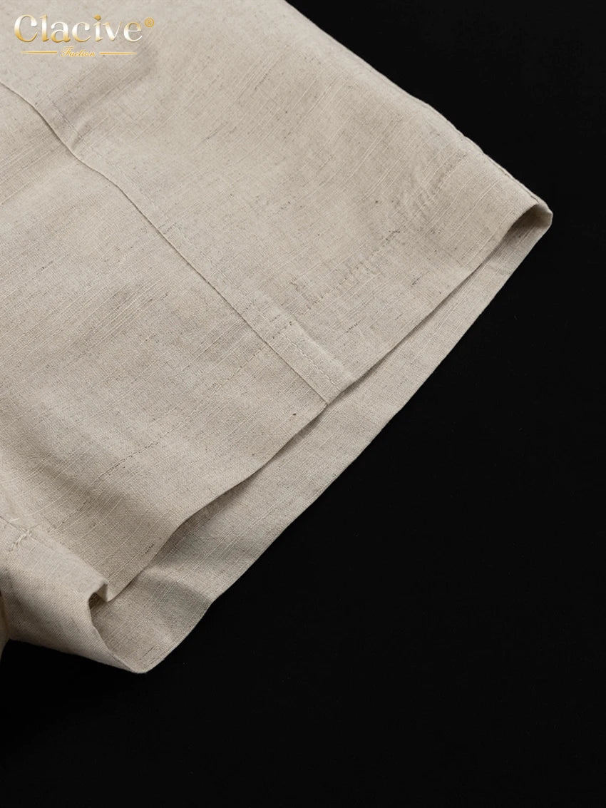 Clacive Summer Slim Khaki Linen 2 Piece Sets Women Outfit 2024 Fashion Sleeveless Tank Top With High Waist Shorts Set Female