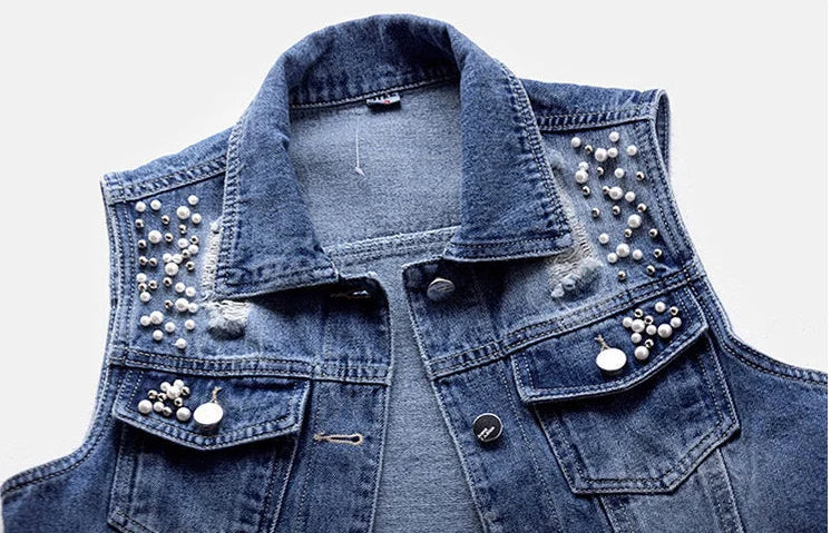 Denim Women Vest Luxury Pearls Fashion Ripped Autumn Plus Size Jeans Jacket Sleeveless Loose Short Coat Causal Waistcoats
