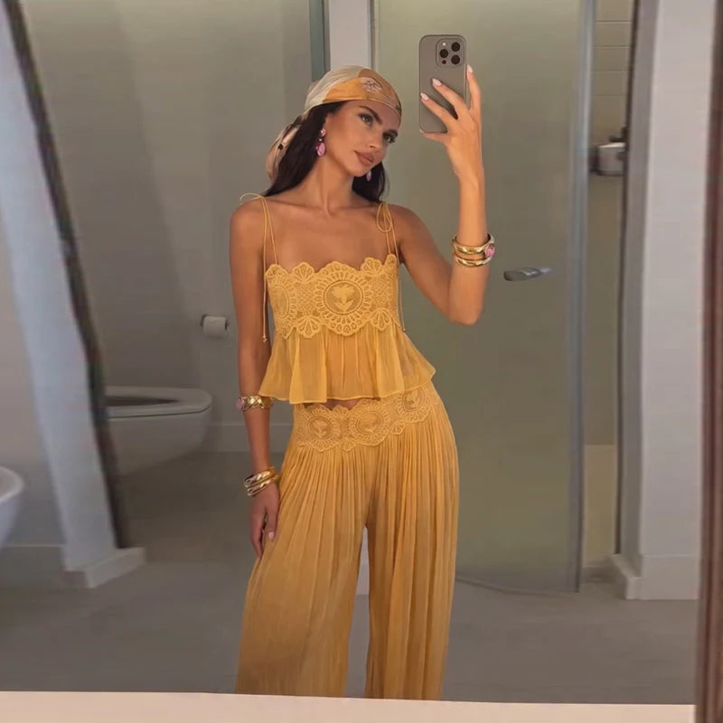 Women Pant Set Sheer Layers Spaghetti Strap Backless Lace Top Straps Solid Loose Straight Elastic Hem Fashion Beach Chic Suits