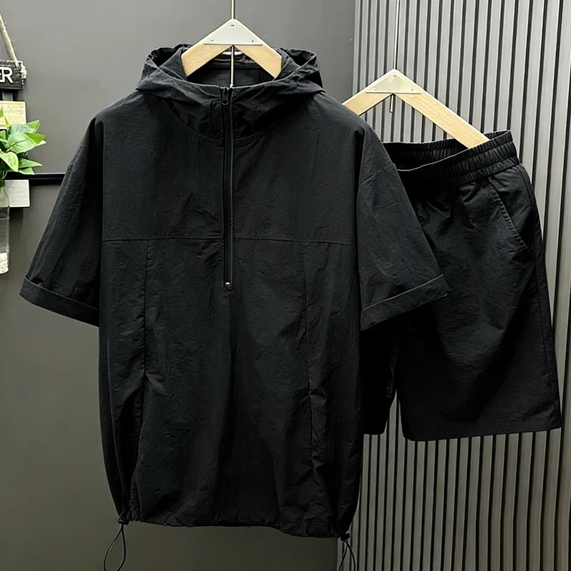 Casual Hooded Suit Mens Summer Workwear Thin Loose Fashion Couple Short Sleeve Waistcoat Shorts 2 Piece Set Male Cargo Tracksuit