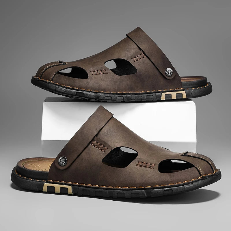 New Men's Leather Sandals Summer Slippers Beach Sandals Hollow Fashion Comfortable Outdoor Leisure Sports Sandals Large Shoes