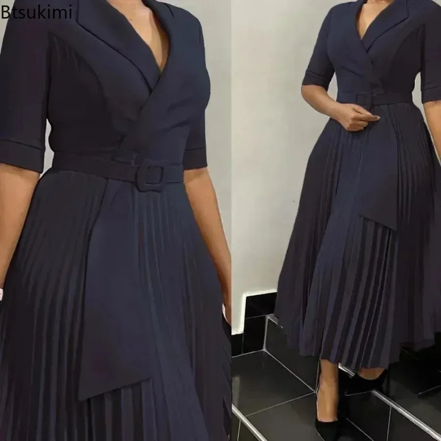 New Dashiki African Dresses for Women Spring Autumn Elegant Half Sleeve V-neck Pleated OL Style Midi Dress African Clothes Femme