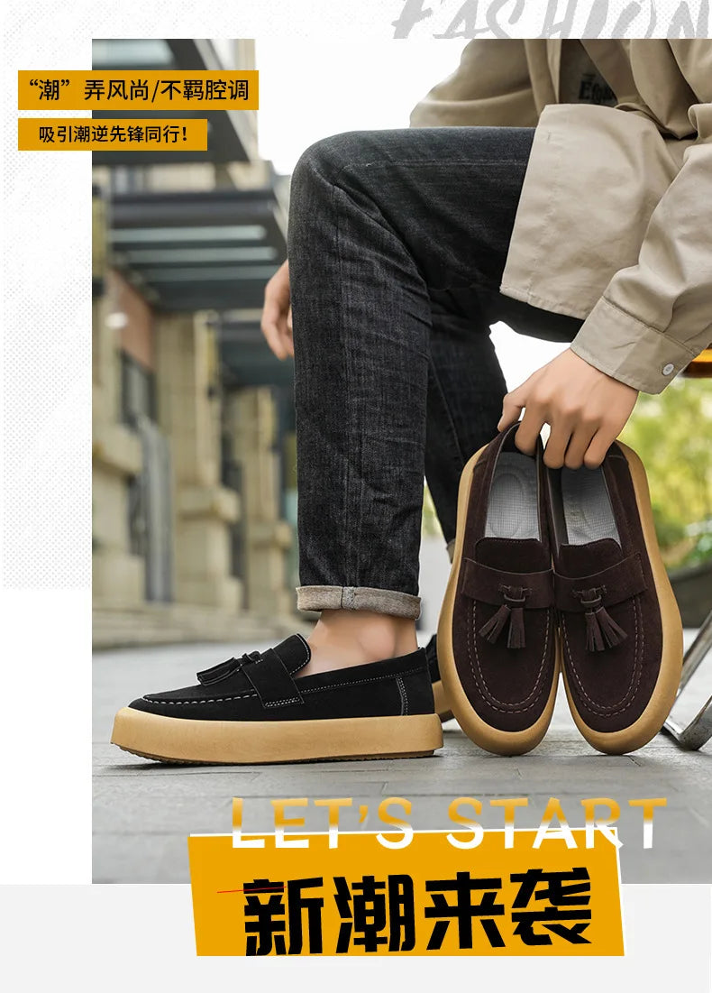 Mens Loafers Tassel Shoes Autumn  Fours Season British Style Fashion Casual Shoes Trendy Platform Anti Slip Vulcanized Shoes
