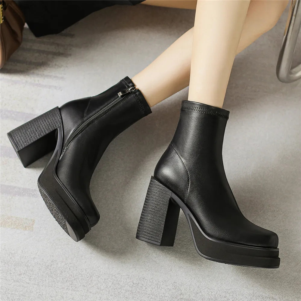 2025 NEW Brand Women Autumn Winter Boots Sexy High Heels Platform Black Brown Side Zip Shoes Woman Ankle Boots Size 33-41