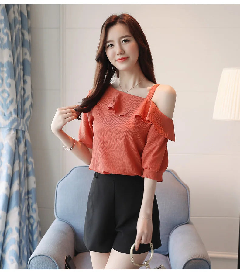 Women's One Shoulder Ruffles Chiffon Blouse Shirt Short Sleeve Pullover Acetate