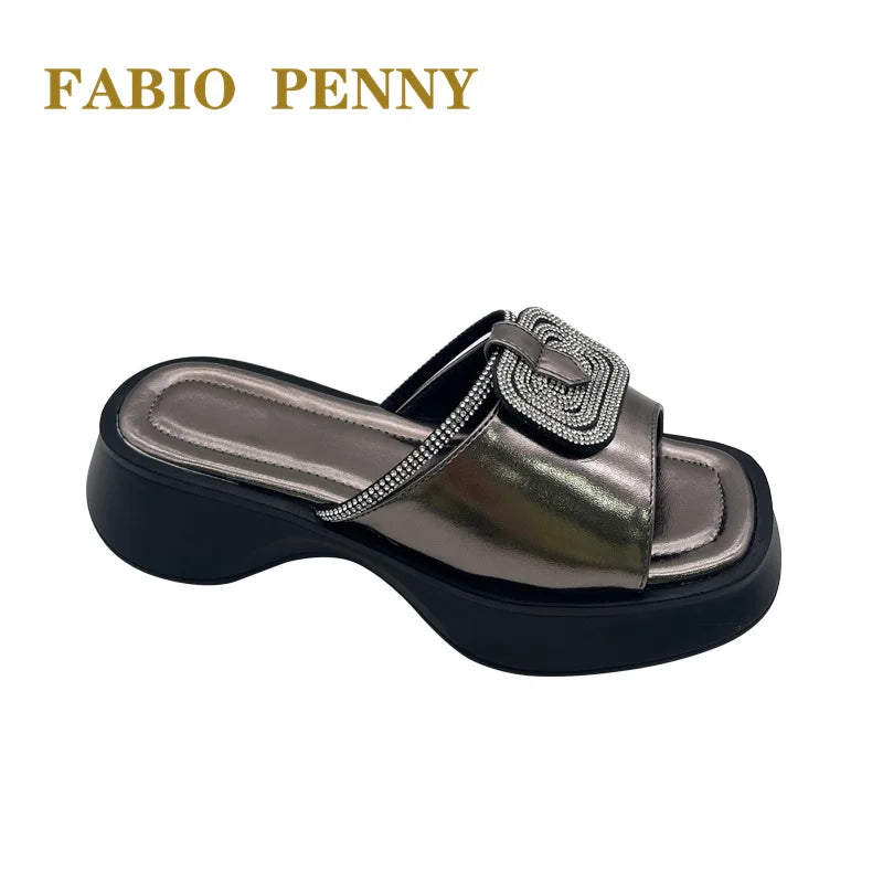 FABIO PENNY2026 new solid-color exquisite water diamond design thick-soled women's fashionable slippers and party sandals