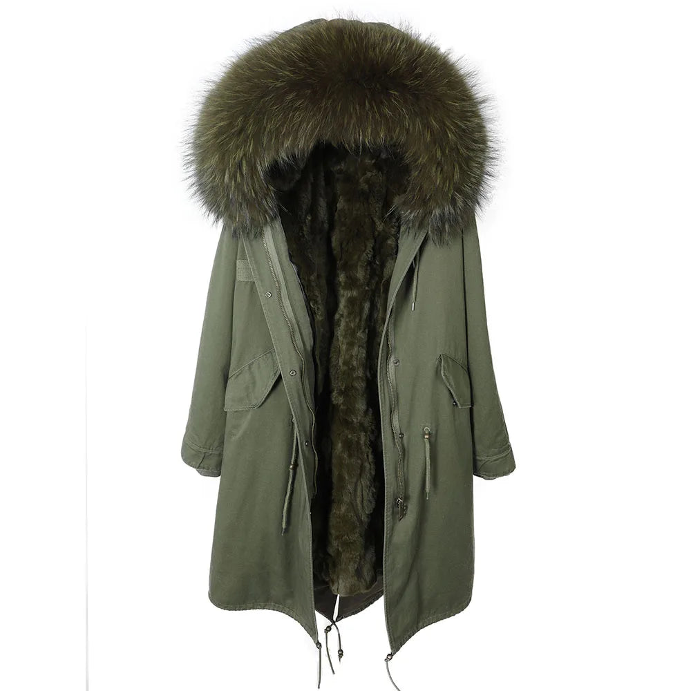 Maomaokong Winter Woman Natural Fur Overcoat Plus Size Black Parkas Raccoon Real Fur Lining Extra Larg Warm Jacket Coats Long