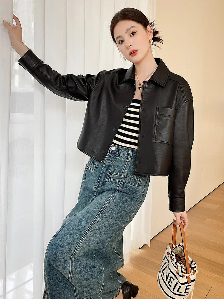 Casual Black Natural Sheepskin Coats for Women Spring Autumn 2026 New Trend High-end Simple Soft Short Genuine Leather Jacket