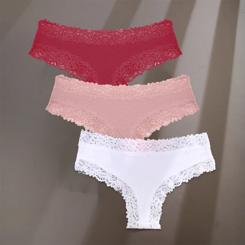 3Pcs/Set Sexy Lace Briefs Cotton Panties Women's Fashion 7 Solid Color Comfortable Briefs Low Waist Underpants Stretch Underwear