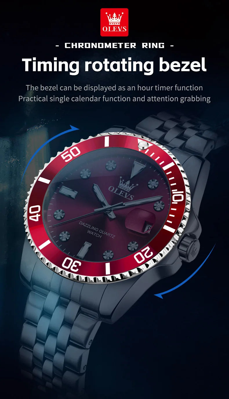 OLEVS Men's Watches Luxury Brand One-Way Timing Rotation Bezel Analog Original Quartz Watch for Men Submarine Series Wristwatch