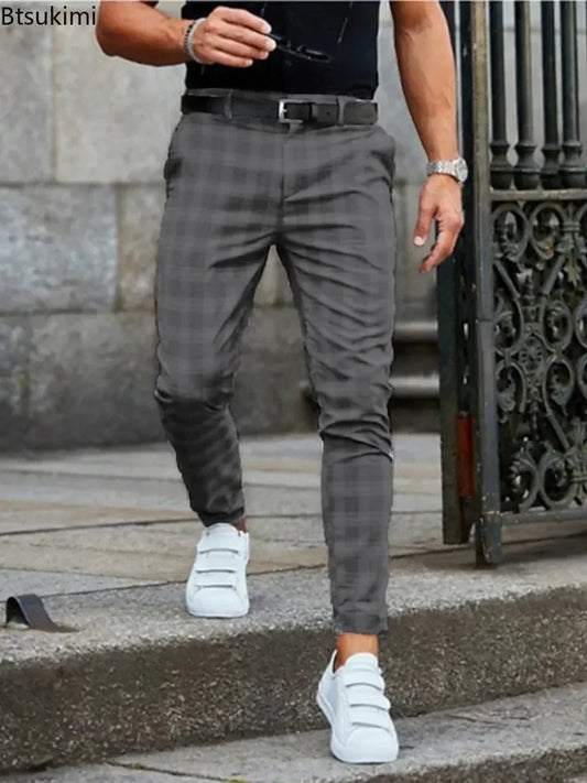 New 2026 Men's Formal Business Suit Pants Fashion Mid-waist Print Plaid Trousers Spring Autumn Comfortable Elastic Pants for Men