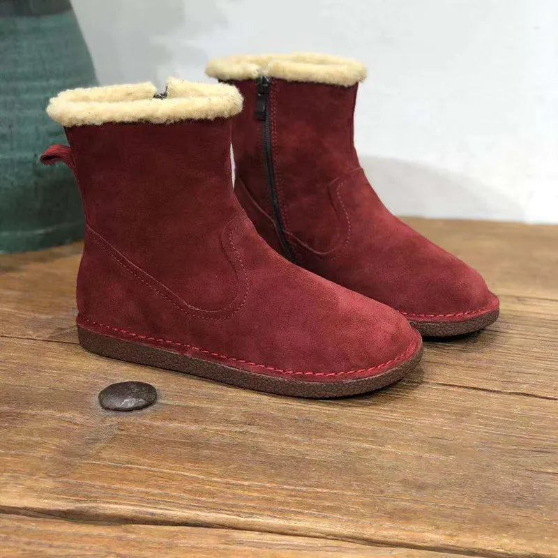 Careaymade-Genuine cow leather Snow cotton round head flats woolen short boots plush warm snow boots Oversized shoes size 35-43