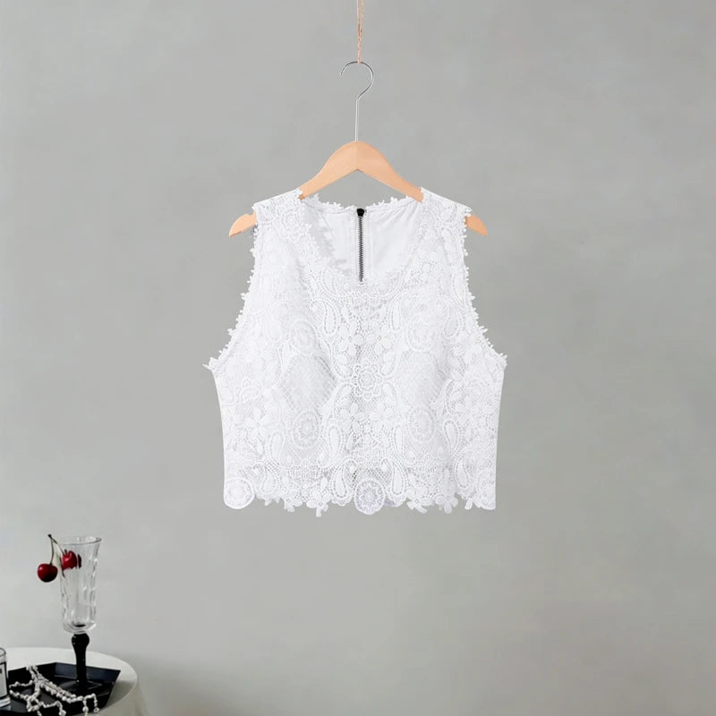 Casual Lace Tops Pants Sets Women O Neck Sleeveless High Waist Wide Legs Outfits Female 2026 Summer Beach Vacation Solid Suits