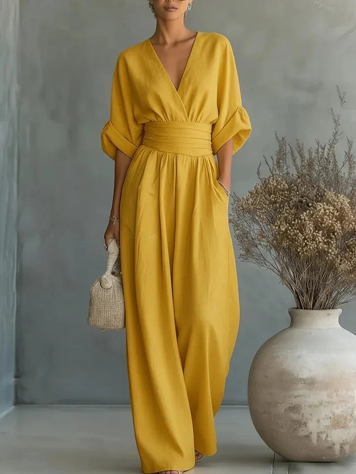Elegant Solid Jumpsuits Women Shrot Sleeve V Neck Jumpsuit Trousers Wide Leg Pants Rompers Loose Style Belted Leotard Overalls