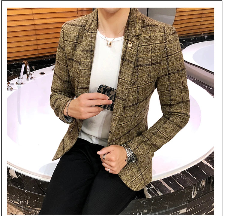 Spring and Autumn New Boutique Japanese Style Print Stand Collar Mens Casual Jacket Slim Male Coat Male Plaid Suit Jacket Blazer