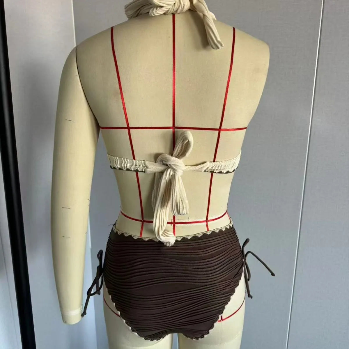 High Waist Bikini Set Swimsuit for Women Lacework Swimwear Halter V Neck Summer Beach Wear Sexy Ribbed Bathing Suit