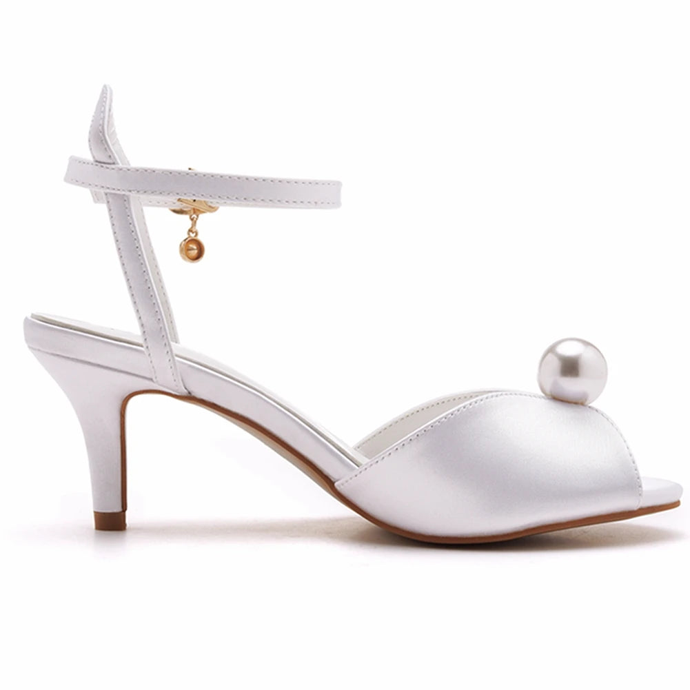 Crystal Queen Banquet Dress Sandal White Silk Pearl Lady Wedding Shoes Women Stiletto Open Toe 6CM High Heels