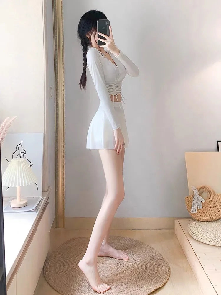 sexy Korean fashion conservative swimsuit two pieces long sleeve cross crop tops with pantskirt bikinis padded swimwear biquini
