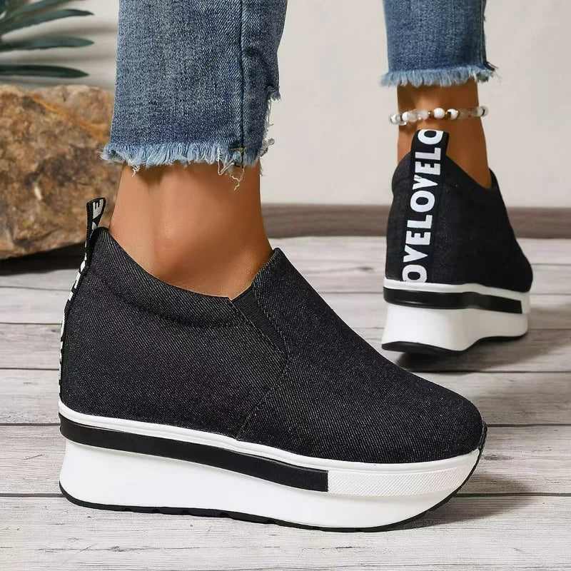 Wedges Women Shoes Platform Sneakers Height Increasing Casual Shoes Denim Canvas Shoes Women Lightweight Slip on Vulcanized Shoe