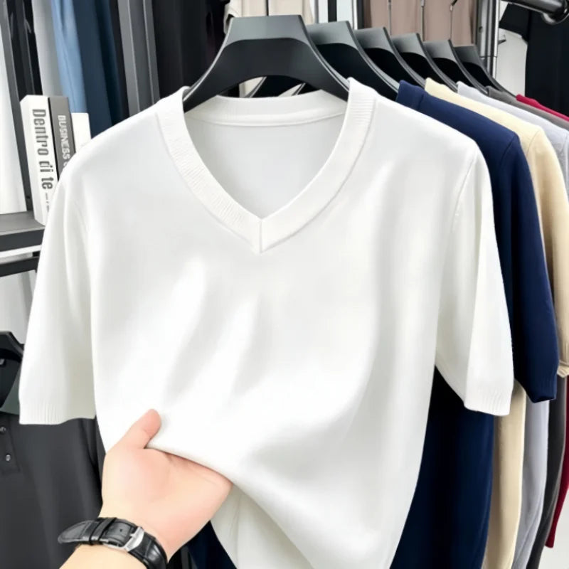 Mens V Neck Short Sleeve Wool Knit Pullover Soft Thin Knitwear For Business Office Daily Casual Spring Summer Basic Tops