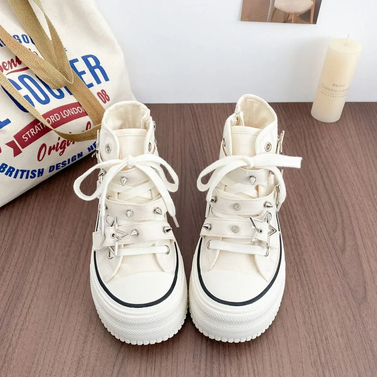 Y2K Pink High-top Canvas Shoes for Women Design Rivet Buckle Lace-up Platform Women's Summer Sports Shoes Fashion Board-shoe