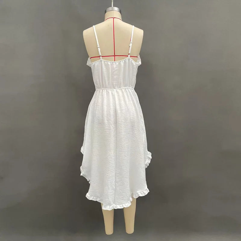 Sexy Style Summer Suspender Solid Color Dress Women's New Off-the-shoulder V-neck Beach Irregular Lace Casual Dress Commuting