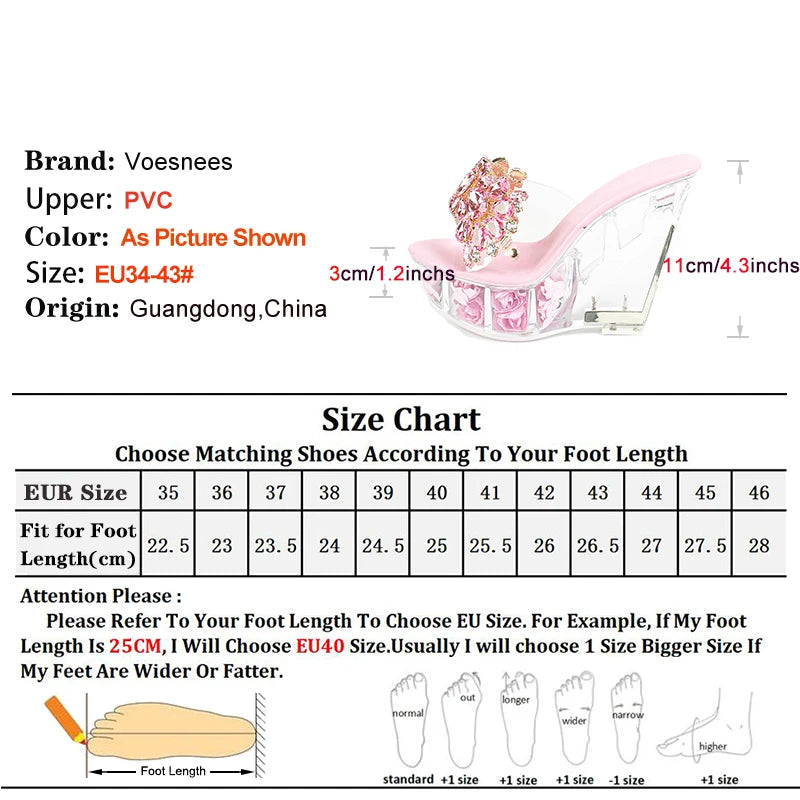 Women Wedge Heel 11CM Nightclub High Heels Sandals Trendy Hotel Nightclub Clear Luxury Banquet Crystal PU Rubber Slides Slippers