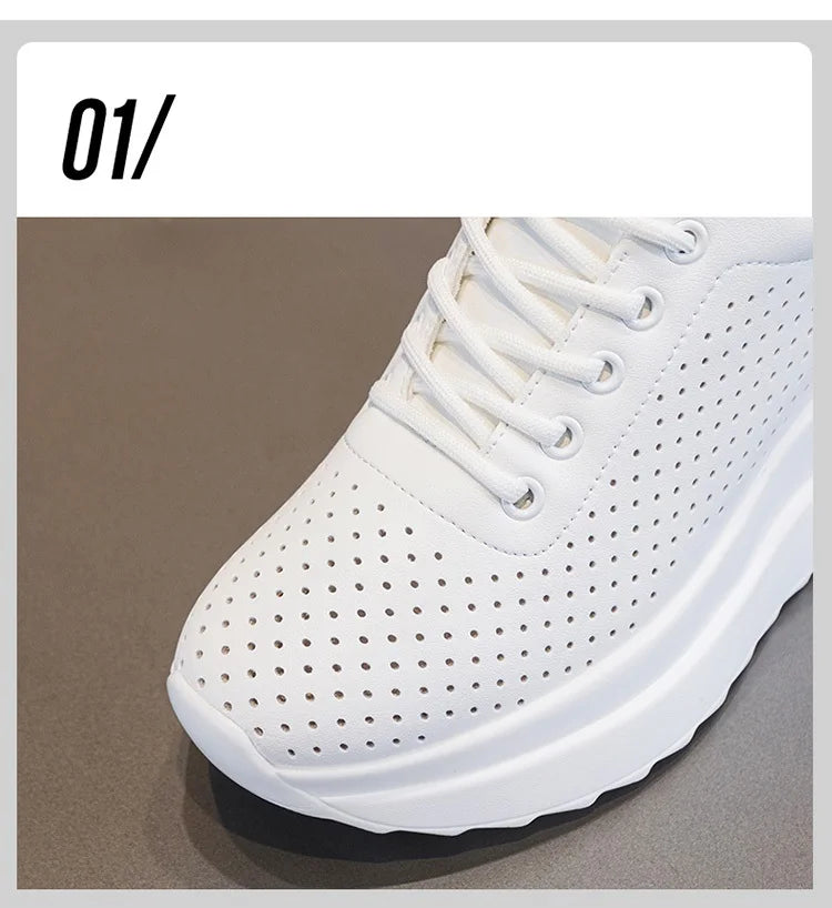 10cm Genuine Leather Women Vulcanize Women Summer Hidden High Heels Platform Wedge Spring Autumn Chunky Sneakers Shoes