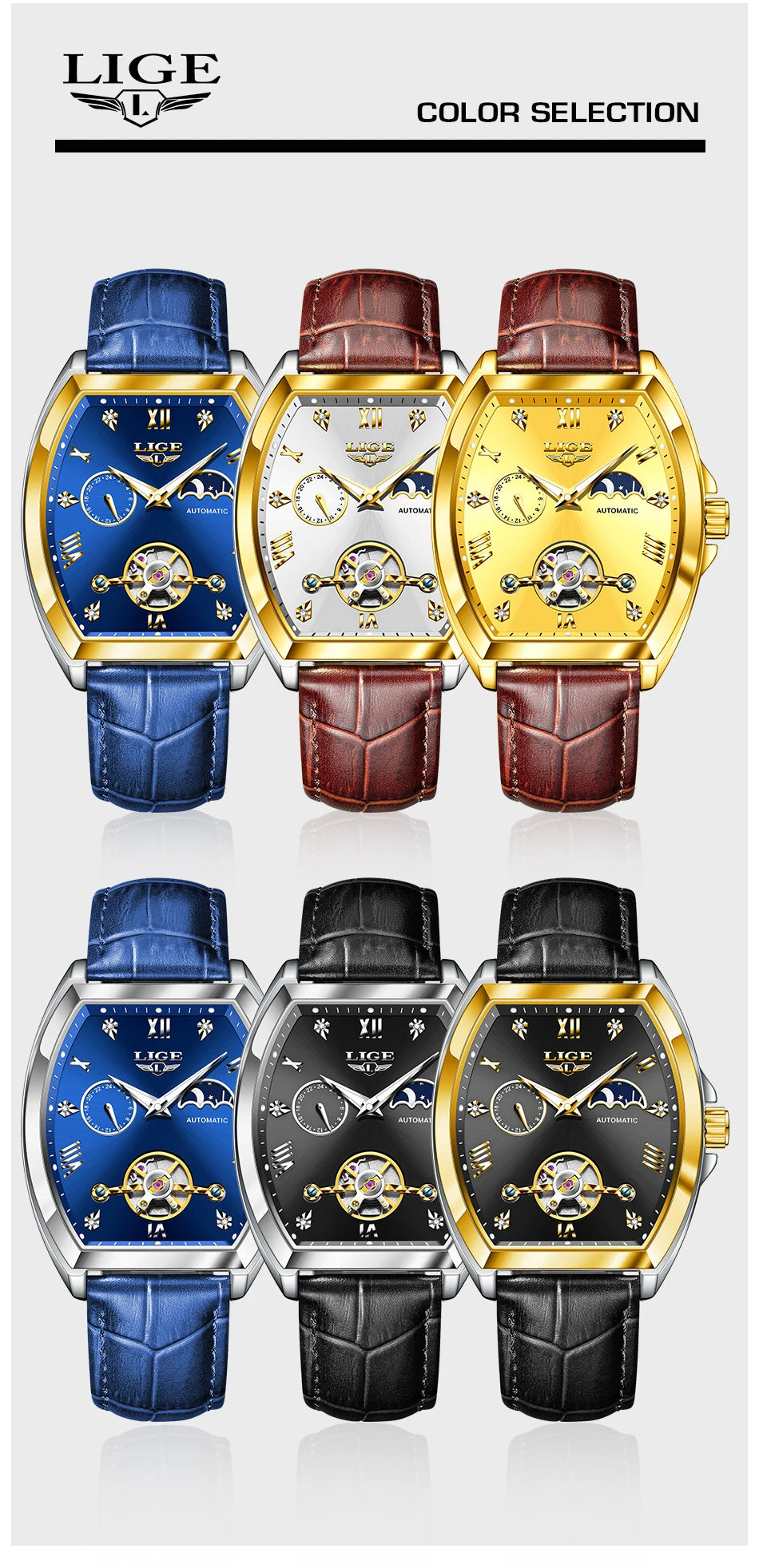 LIGE Luxury Mens Rectangular Dial Mechanical Watches Waterproof Leather Automatic Luminous Watch Business Men relogios masculino