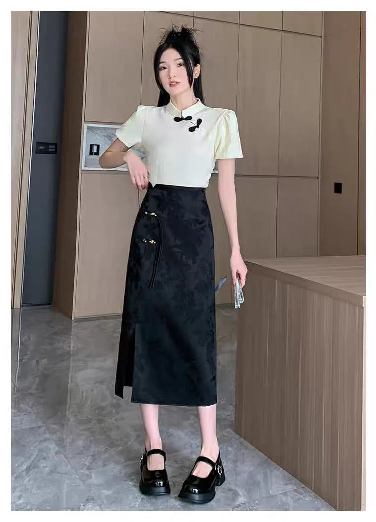 Chinese Style Skirts for Women Printed Casual Streetwear Elegant Female Spring Summer Chic Solid High Waist Simple New Trendy