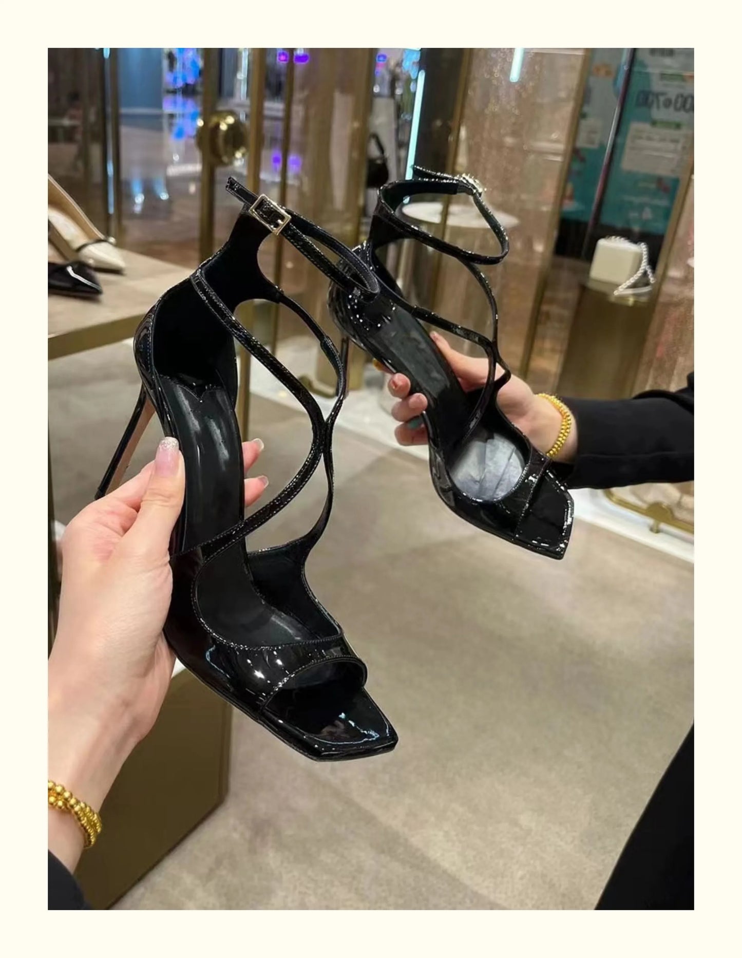 2025 European and American Women's New Square Toe Sandals Summer Nude Patent Leather Stiletto Sexy High Heels