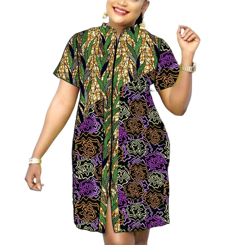 Original Design African Print Women’s Dress Stand Collar Frock Tailored Traditional Party Wear Retro Patchwork Designs