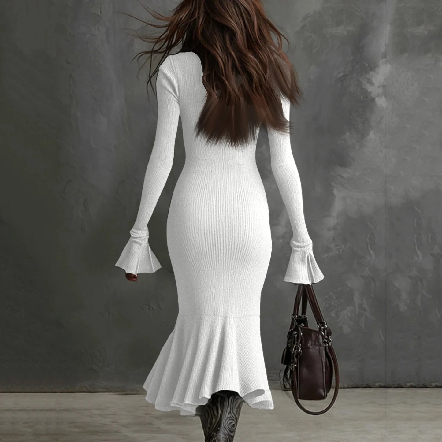 Fall Winter Sweater Dress Quarter Zip Bell Sleeve Mermaid Knit Bodycon Long Dress Trendy Chic Slim Fit Flared Hem Party Dress