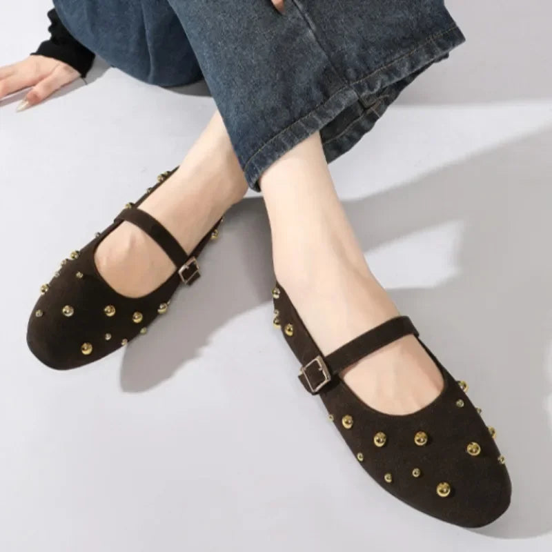 2025 Summer Brand Mary Jane Shoes for Women Fashion Rivet Suede Classic Retro Brown Casual Soft Bottom Comfortable Ladies Flats