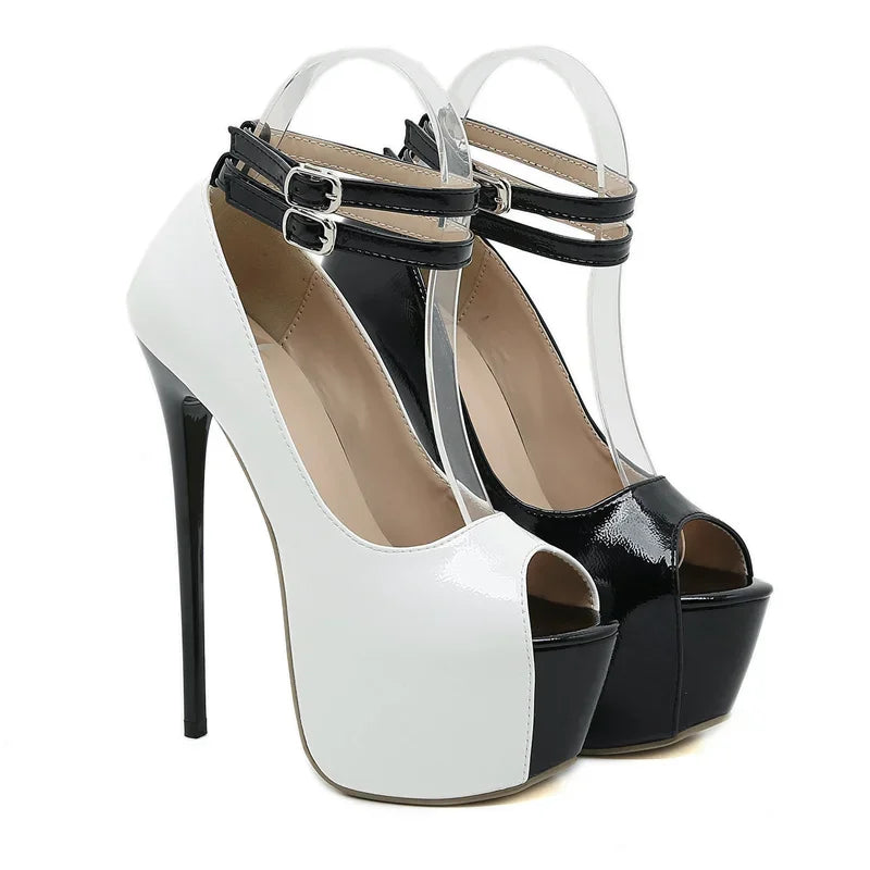 Fashion Design Double Buckle Strap Platform Sandals Women Pumps Sexy Peep Toe 16.5CM Super High Heels Stripper Shoes White