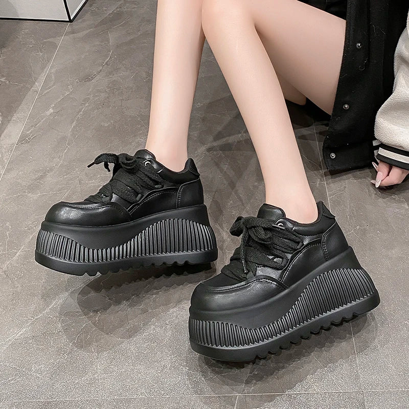 8.5CM New Synthetic Microfiber Leather Women Platform Wedge Ladies Chunky Sneakers 2024 High Brand Fashion Vulcanize Pumps Shoes