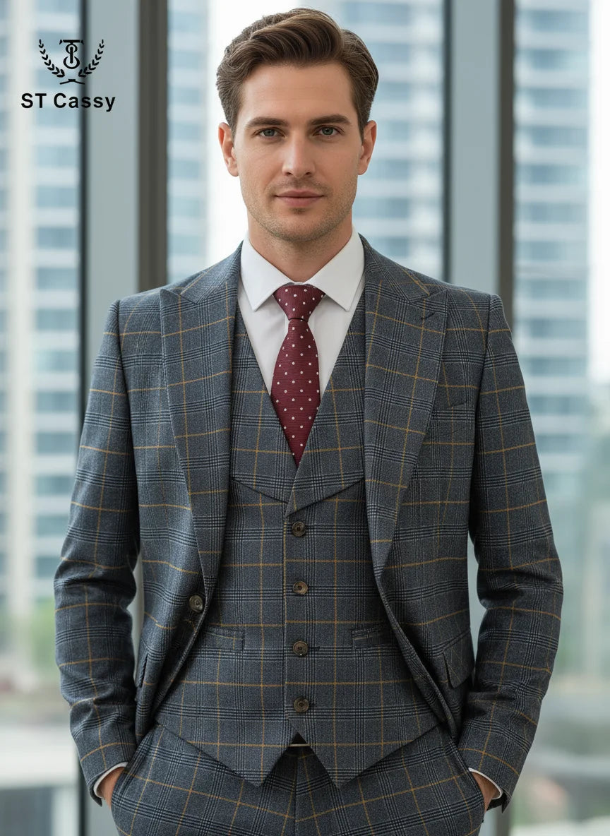 ST Cassy high quality 3 Piece Checkered Suit Set Men Stylish Business Office Wedding Formal Outfit full Elegant man suit