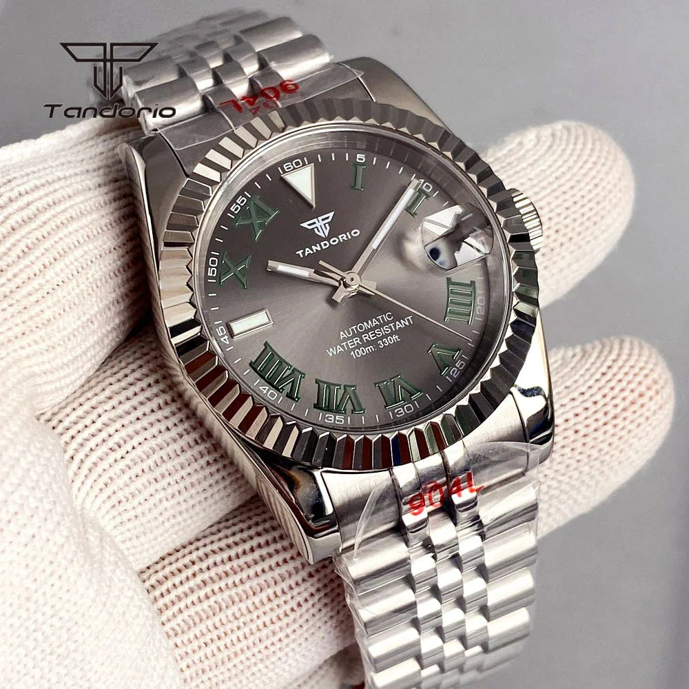 Tandorio Stainless Steel Automatic NH35 36mm/39mm Men's Watch Grey Sunburst Sapphire Roman Marks Mechanical Watches Date Lume