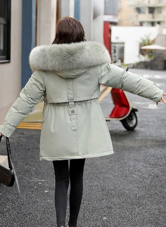 2025 Winter Women's Parka Cotton Padded Coat Korean Style Mid Length Waist Cinching Thickened for Cold Suitable for Short Girls