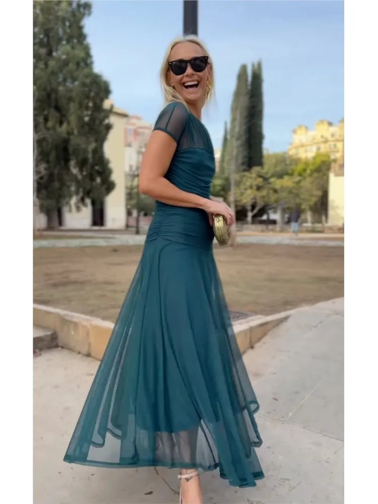 Foreign Style Streetwear For Woman Summer Streetwea O-neck Fashion Short Sleeves A-line Dresses Ladies Solid Big Hem Vestidos