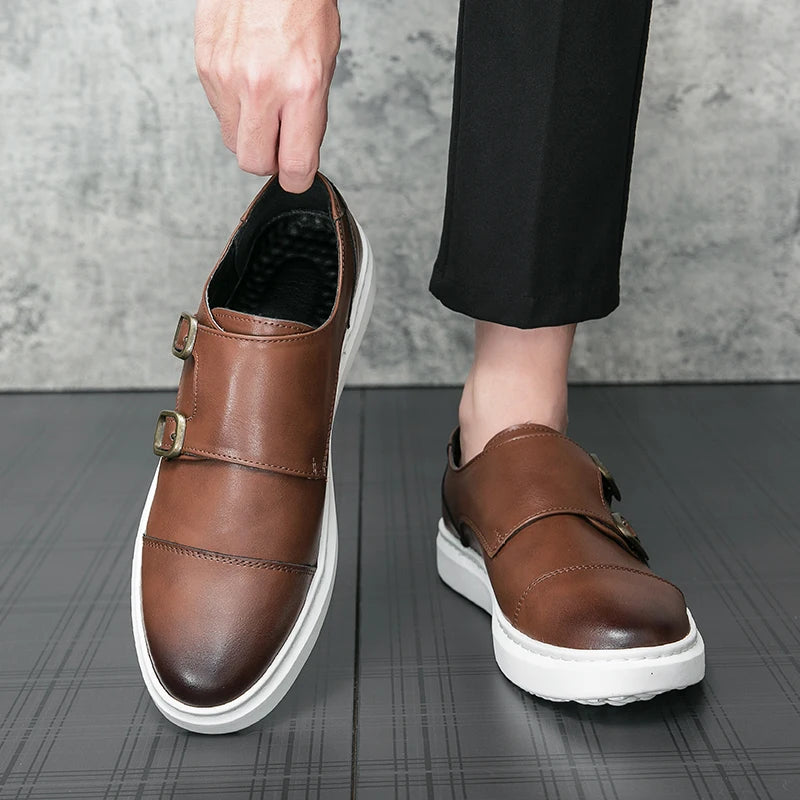 Italy Men Double Buckle Casual Shoes Autumn Leather Loafers Office Shoes for Men Driving Business Comfortable Slip on Shoes Men