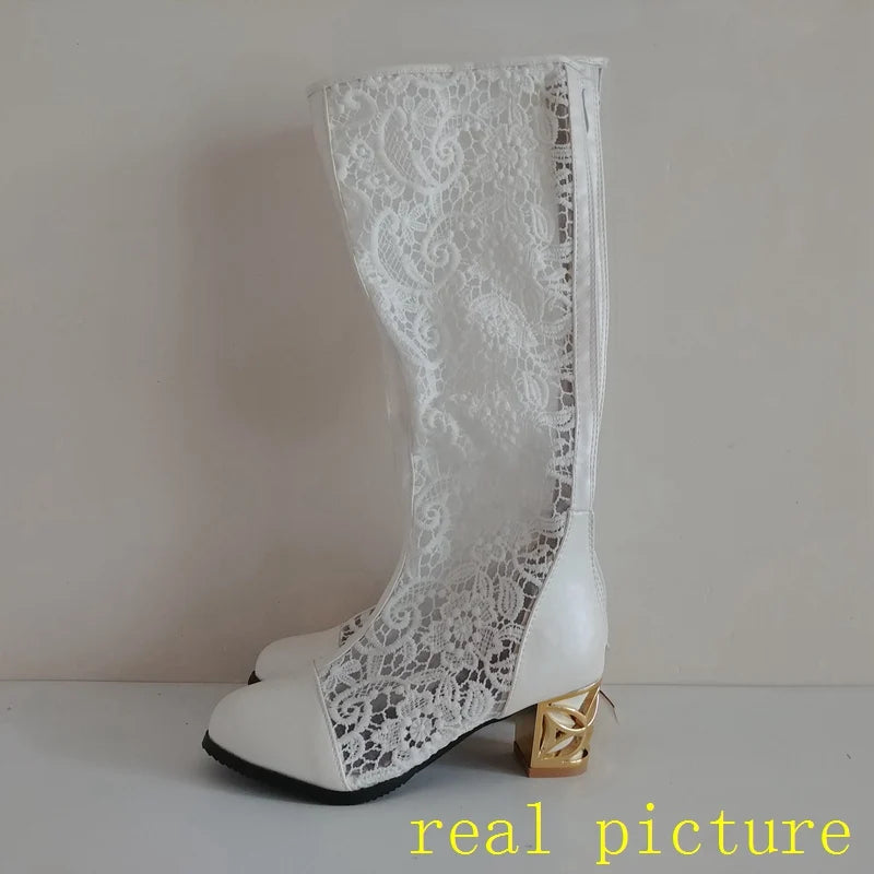 ORCHA LISA Spring Summer Boots Shoes Women Med Heels Knee Flower Lace Female Zipper Glitter Sexy White BiG Size 43 44 45