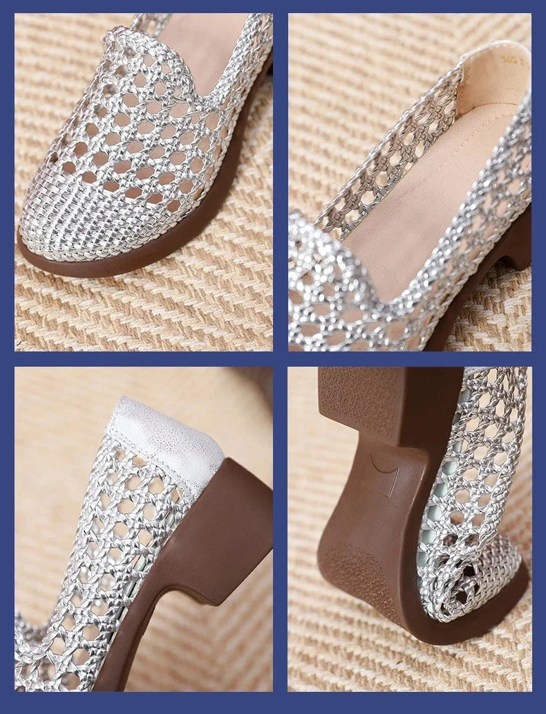 Summer Hollow Woven Breathable Shoes Women Sandals Big Size Thick Heels Genuine Leather Shoes Summer Casual Sandals