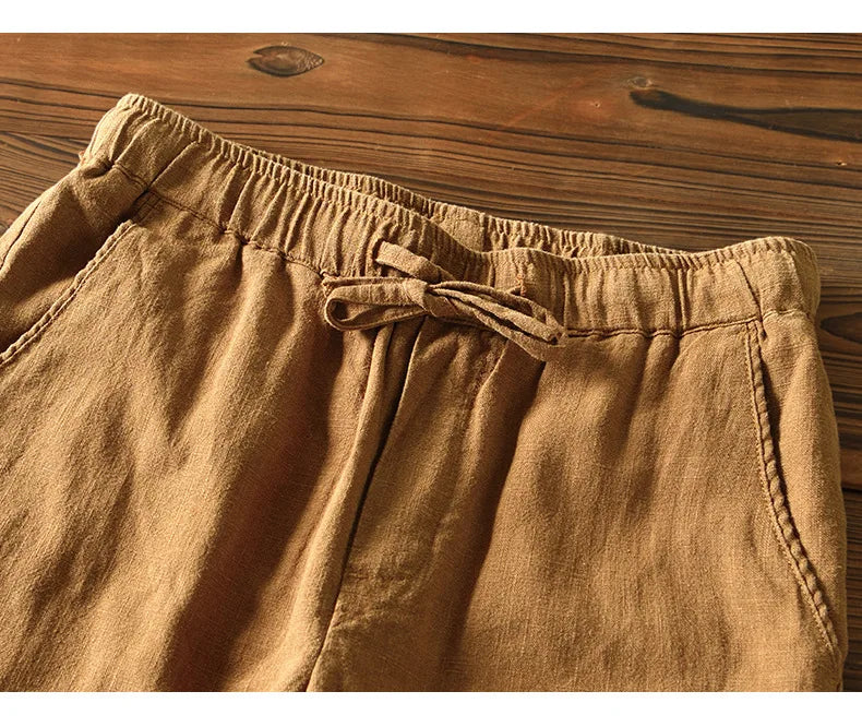 70% Linen,30% Cotton Men's Drawstring Elastic Waist Casual Pants, Straight Loose Ramie Trousers, Camping Fishing Comfortable