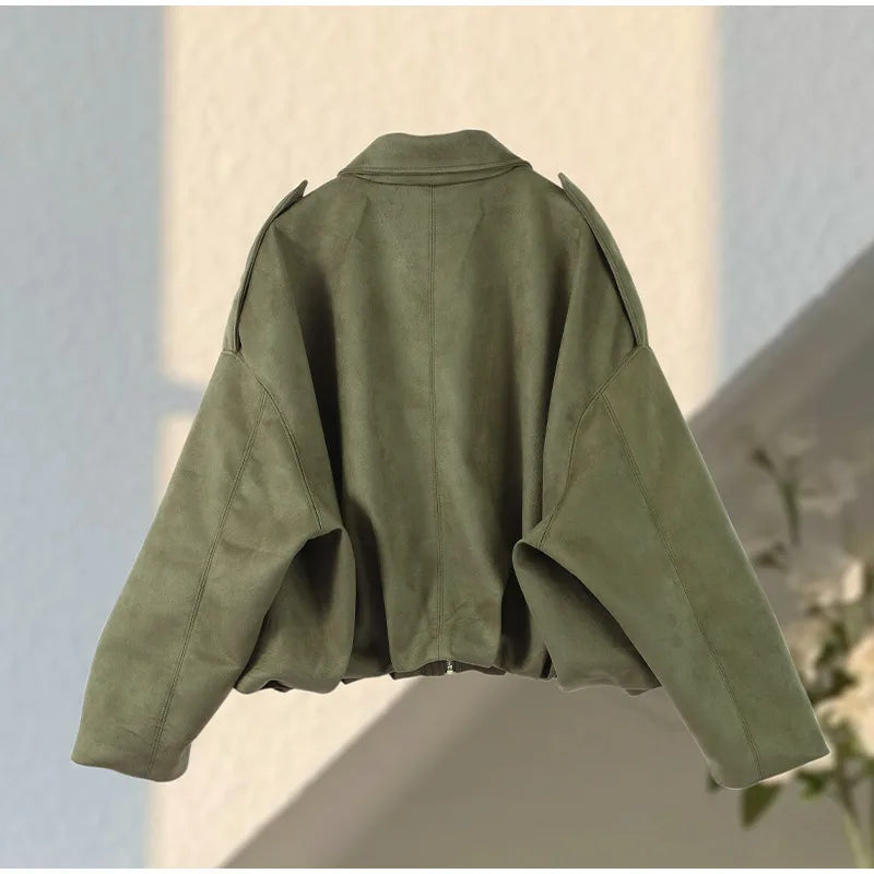 Fashion Suede Green Jackets Coat Women Lapel Full Sleeve Zipper Bomber Coats 2026 Spring New Loose Lady Street Solid Outwears